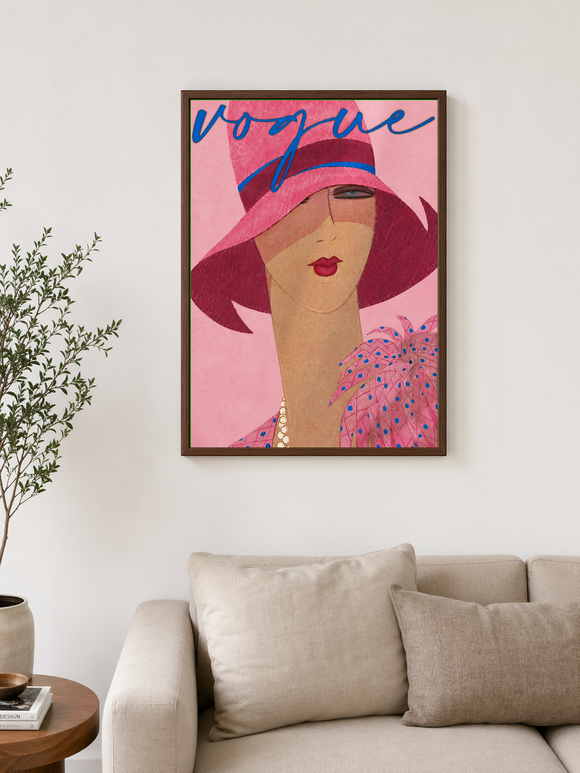Vogue Pink Fashion Illustration Wall Art Print - dark wood framed