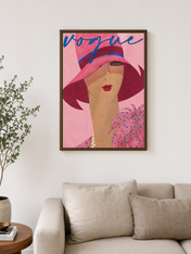 Vogue Pink Fashion Illustration Wall Art Print - dark wood framed