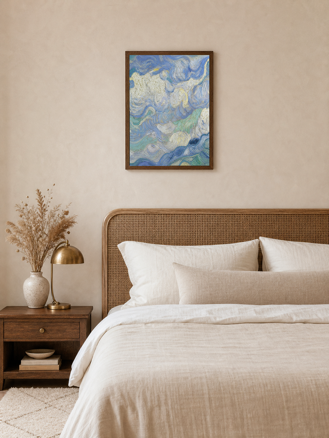 Swirling Blue Sky Wall Art Print - dark wood framed