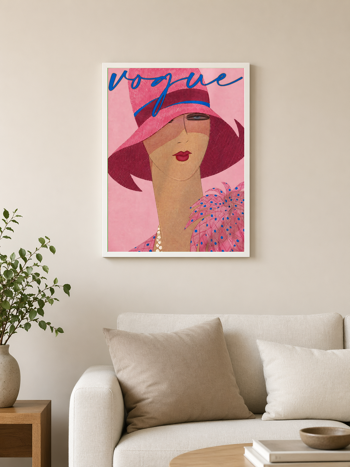 Vogue Pink Fashion Illustration Wall Art Print - white framed
