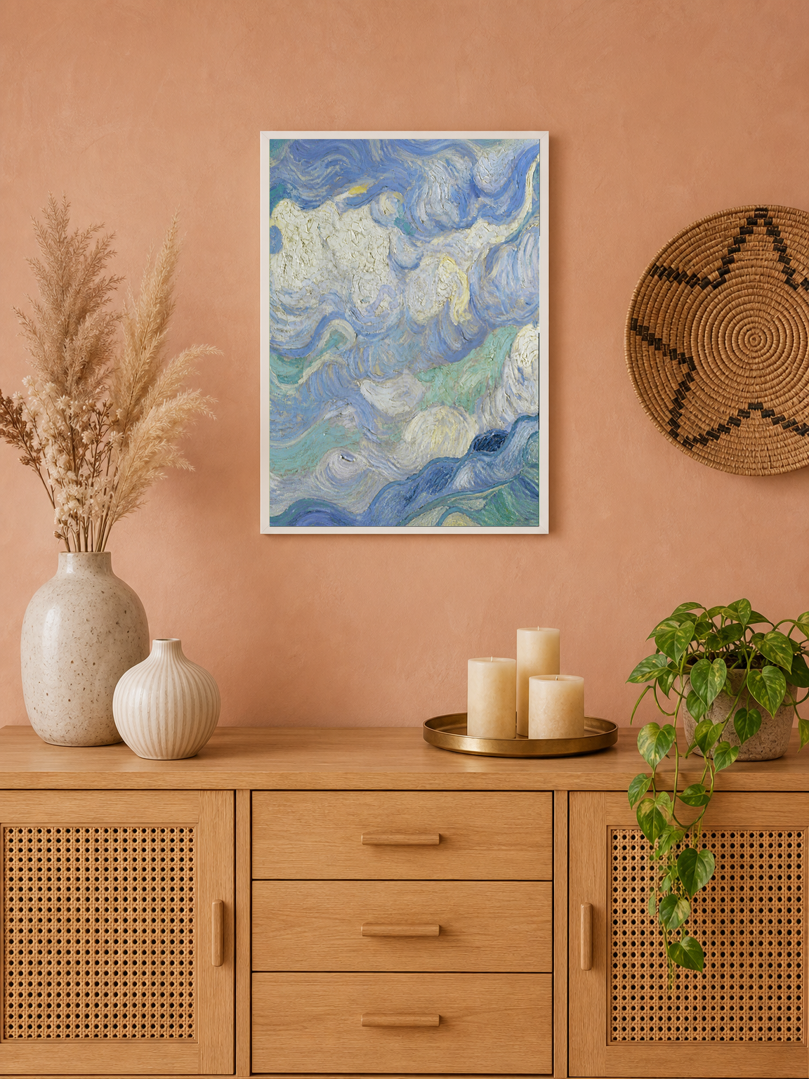 Swirling Blue Sky Wall Art Print - white framed