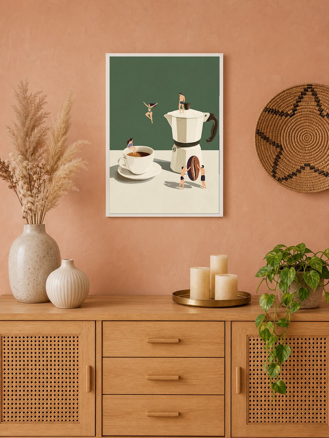 Surreal Coffee Swimmers Wall Art Print - white framed