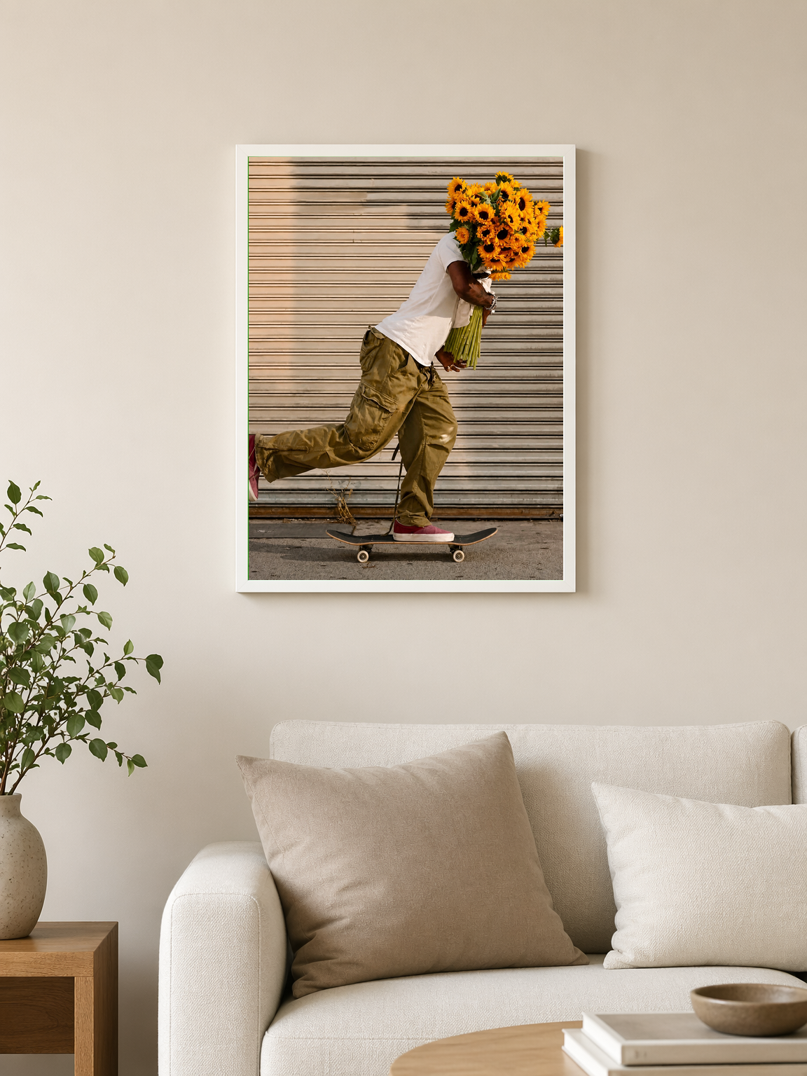 Skateboard Sunflower Delivery Wall Art Print - white framed