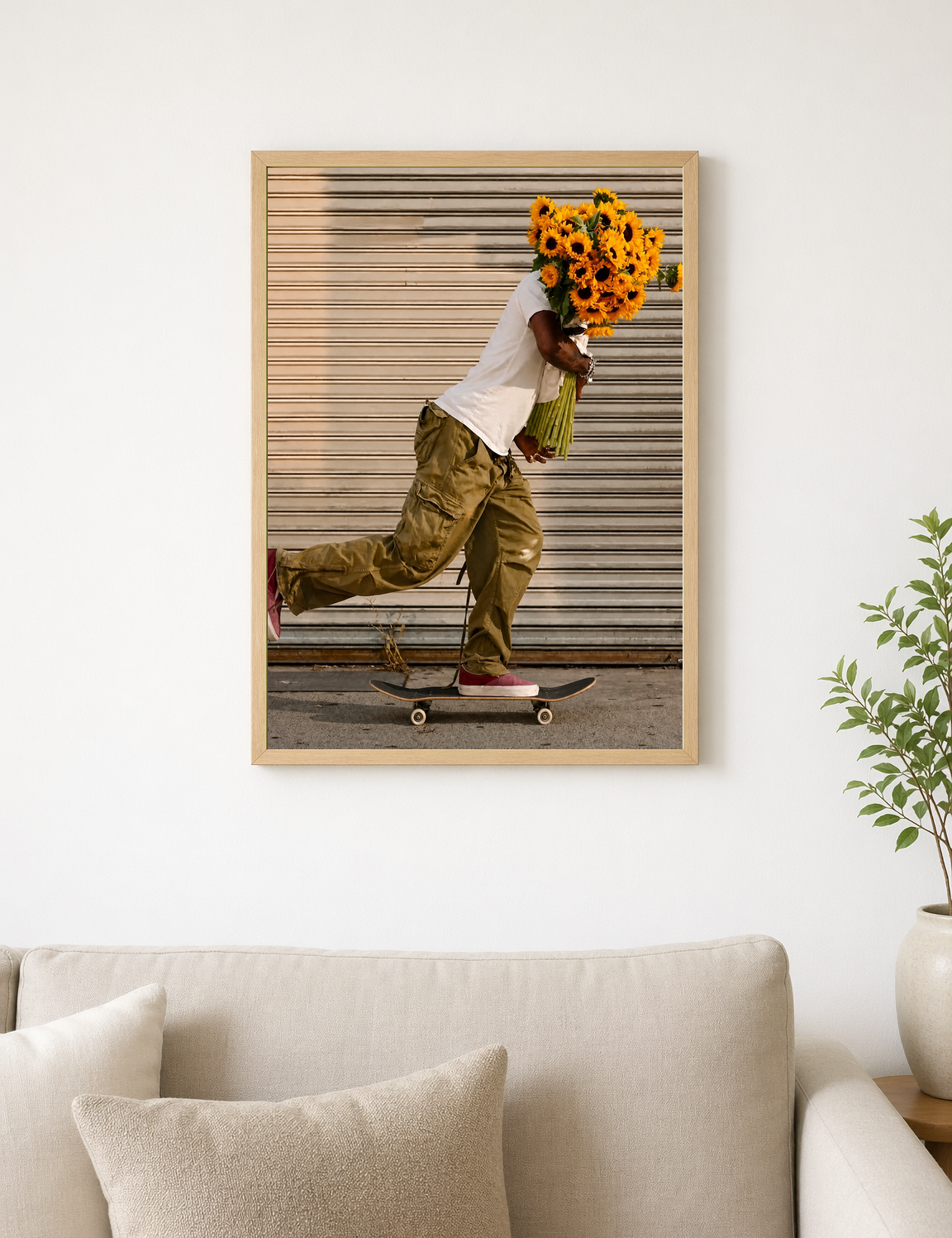 Skateboard Sunflower Delivery Wall Art Print - wood framed poster
