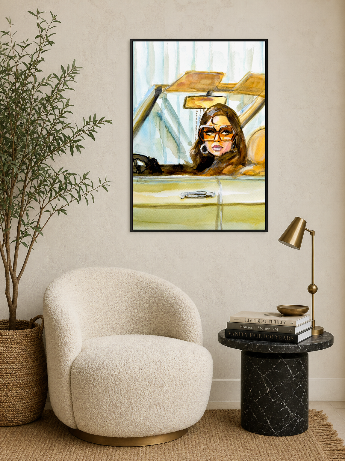 Retro Girl in Car Wall Art Print - black framed