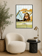 Retro Girl in Car Wall Art Print - black framed