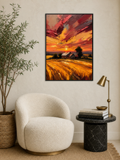 Golden Sunset Farm Landscape Wall Art Print - black framed