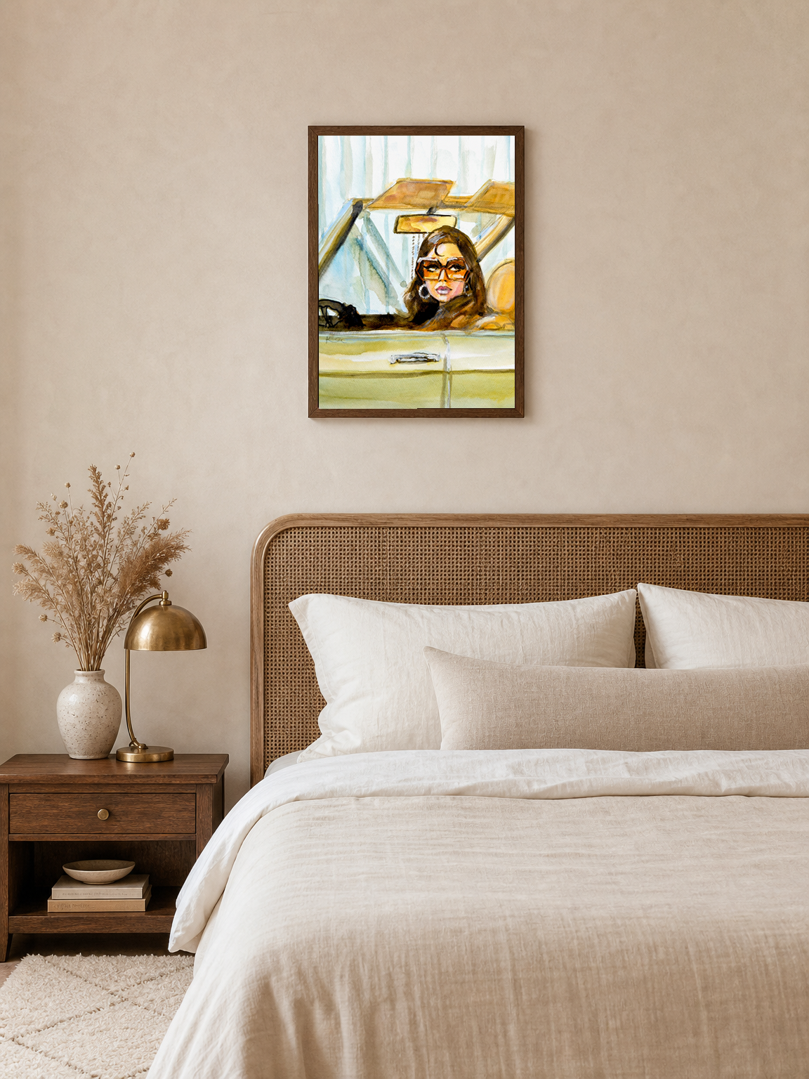Retro Girl in Car Wall Art Print - dark wood framed
