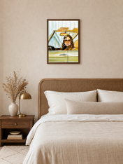 Retro Girl in Car Wall Art Print - dark wood framed