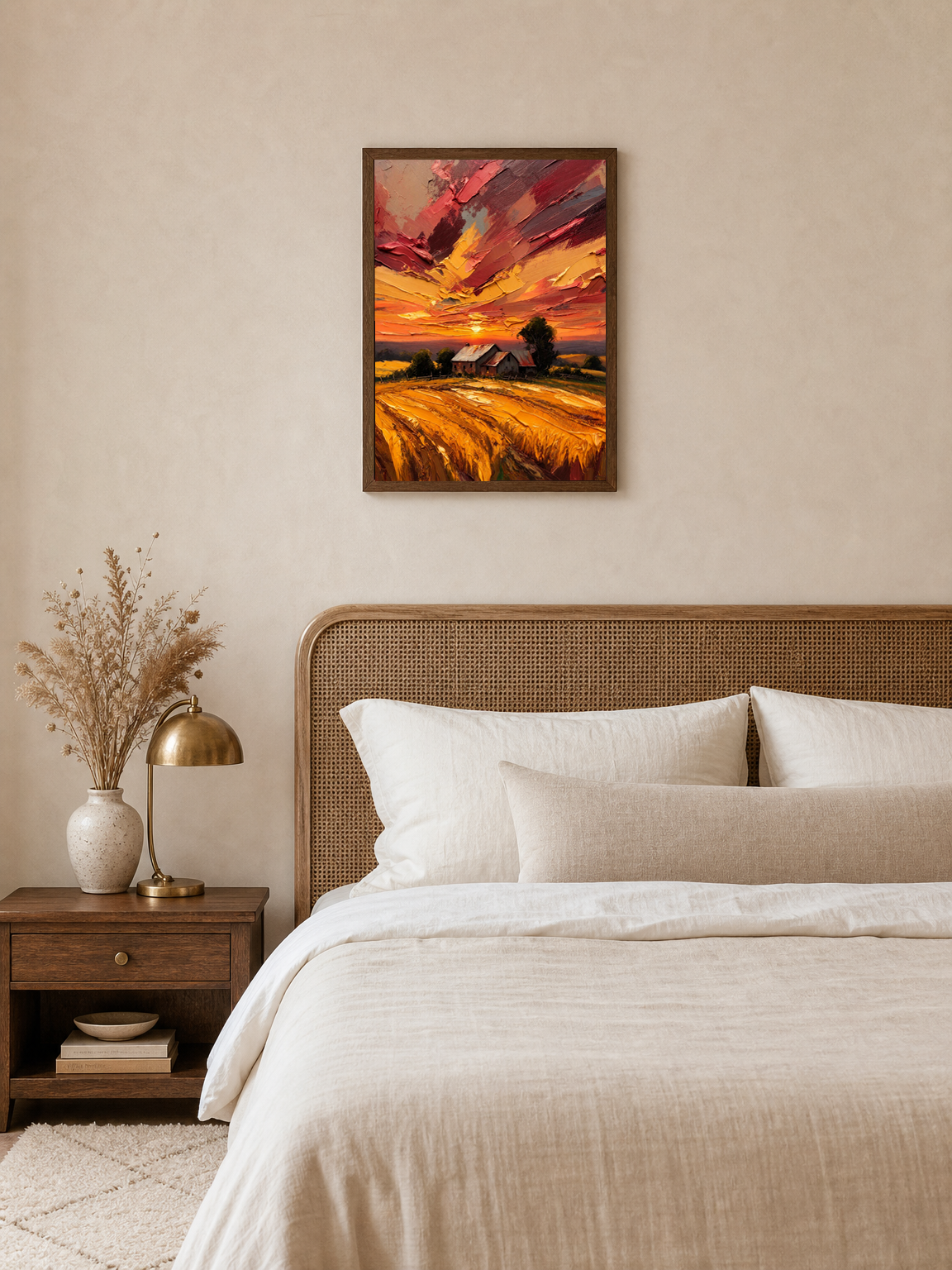 Golden Sunset Farm Landscape Wall Art Print - dark wood framed