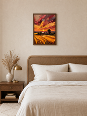 Golden Sunset Farm Landscape Wall Art Print - dark wood framed