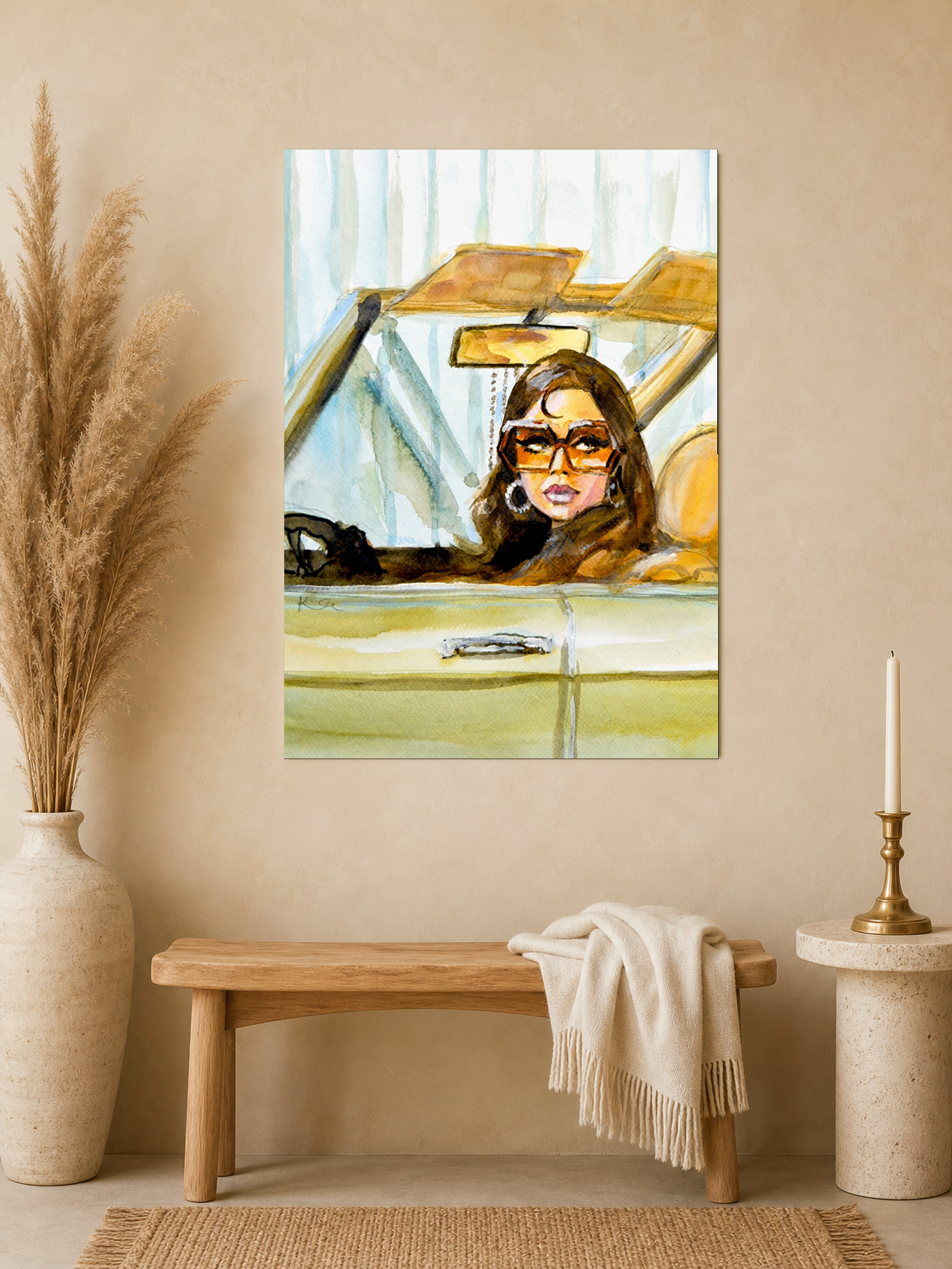 Retro Girl in Car Wall Art Print - unframed mockup