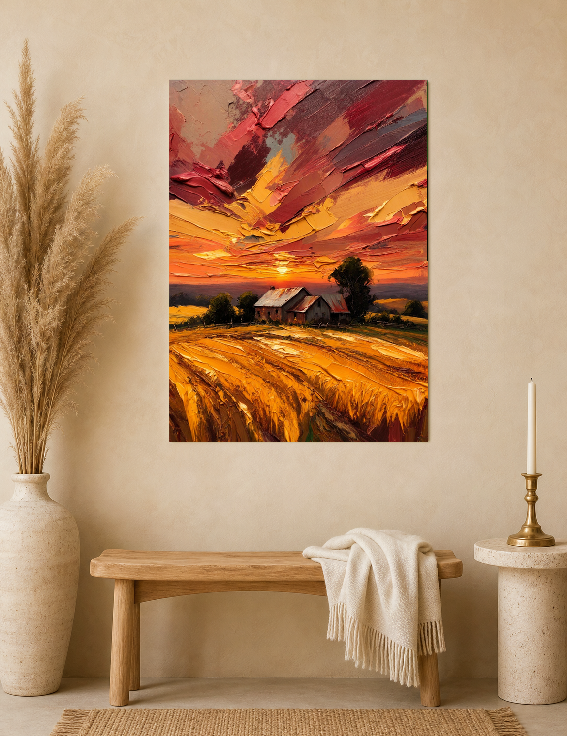 Golden Sunset Farm Landscape Wall Art Print - unframed mockup