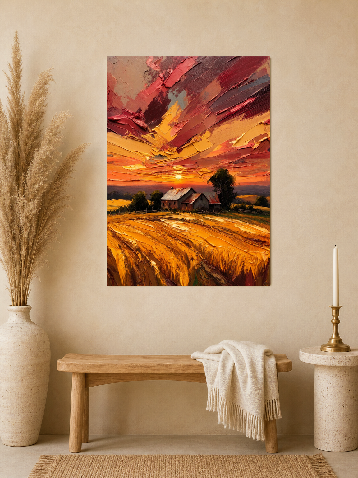 Golden Sunset Farm Landscape Wall Art Print - unframed mockup