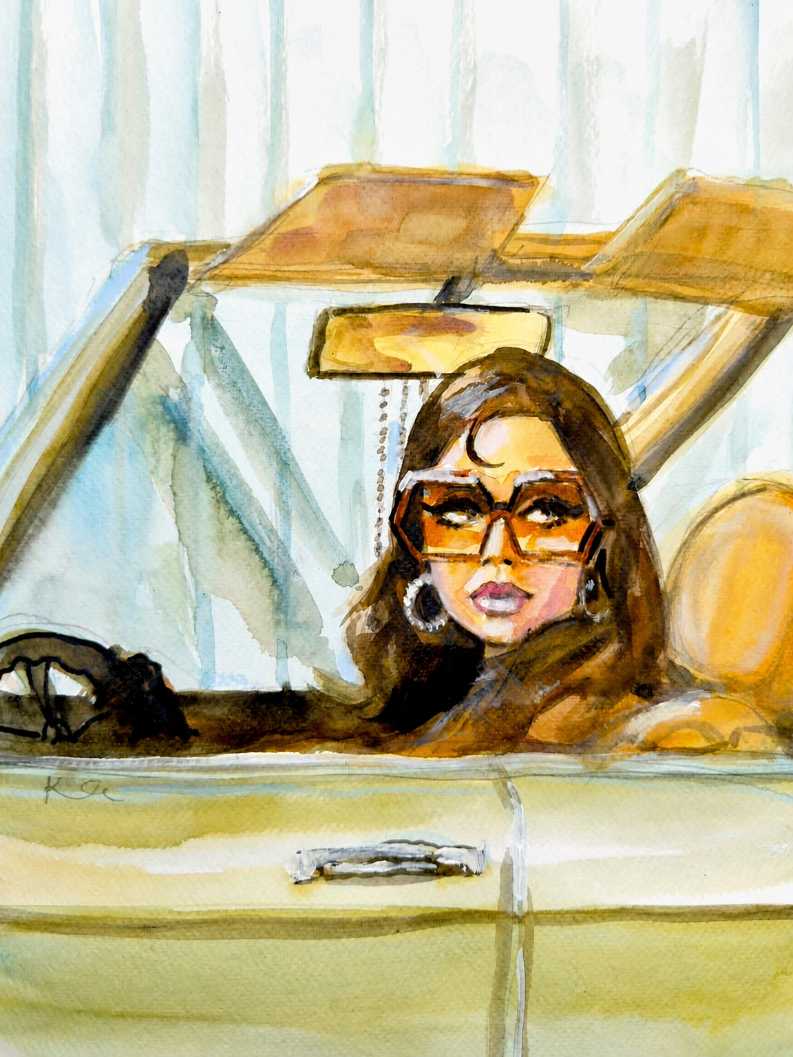 Retro Girl in Car Wall Art Print - unframed