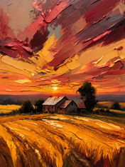 Golden Sunset Farm Landscape Wall Art Print - unframed