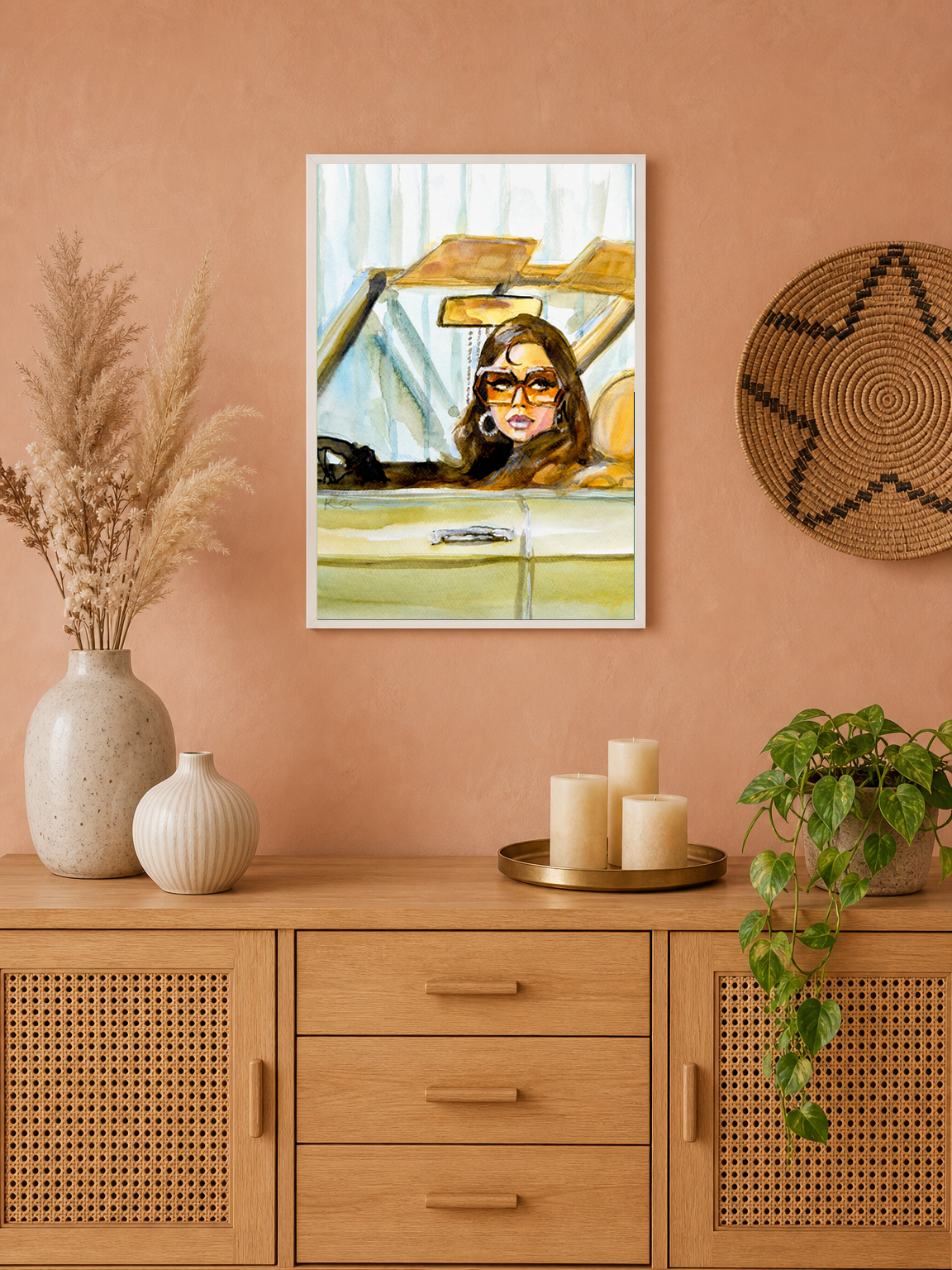 Retro Girl in Car Wall Art Print - white framed