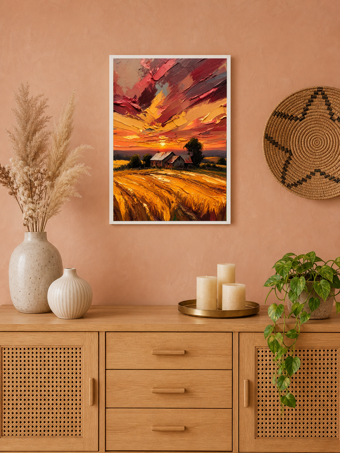Golden Sunset Farm Landscape Wall Art Print - white framed