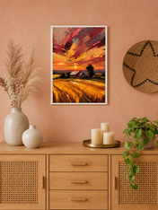 Golden Sunset Farm Landscape Wall Art Print - white framed