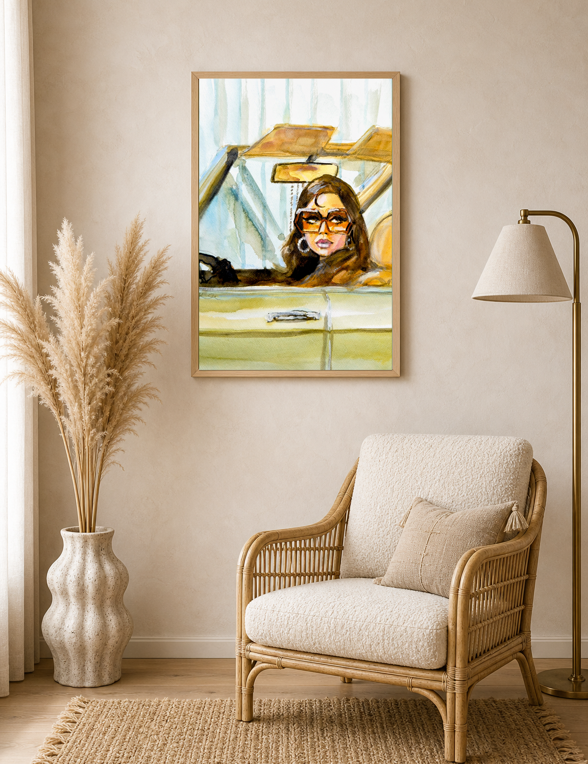 Retro Girl in Car Wall Art Print - wood framed poster