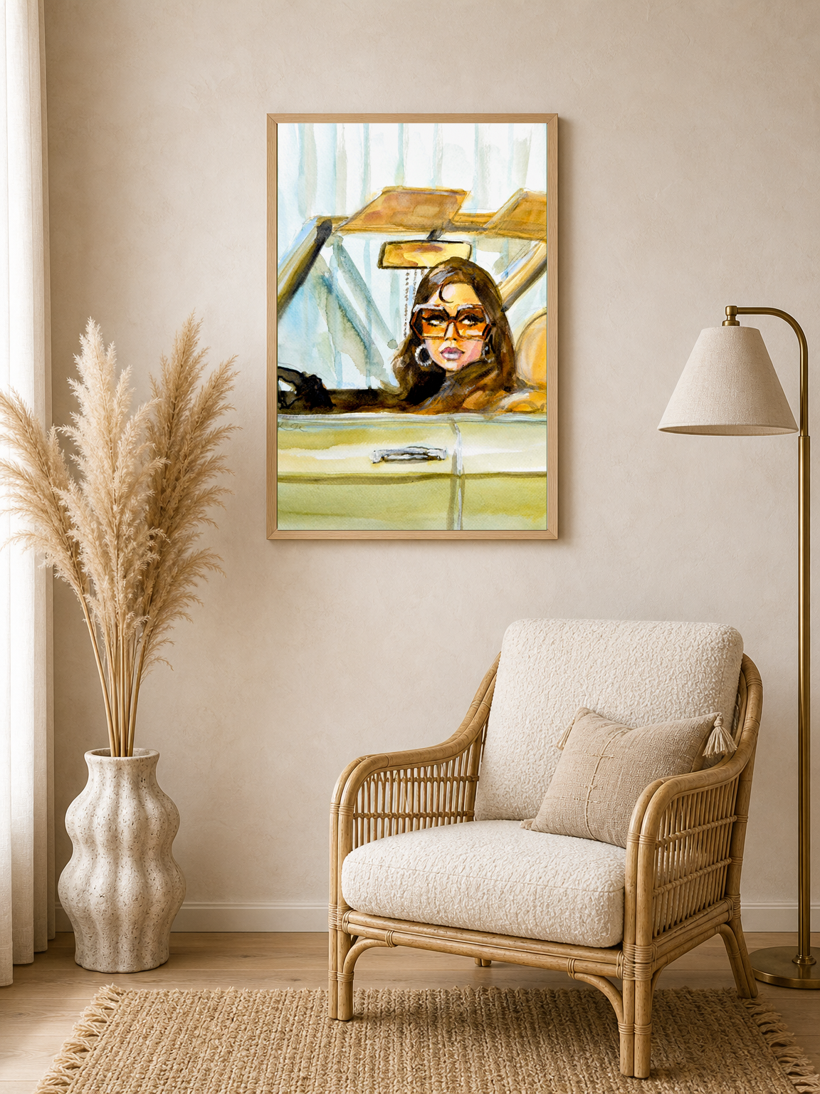 Retro Girl in Car Wall Art Print - wood framed poster