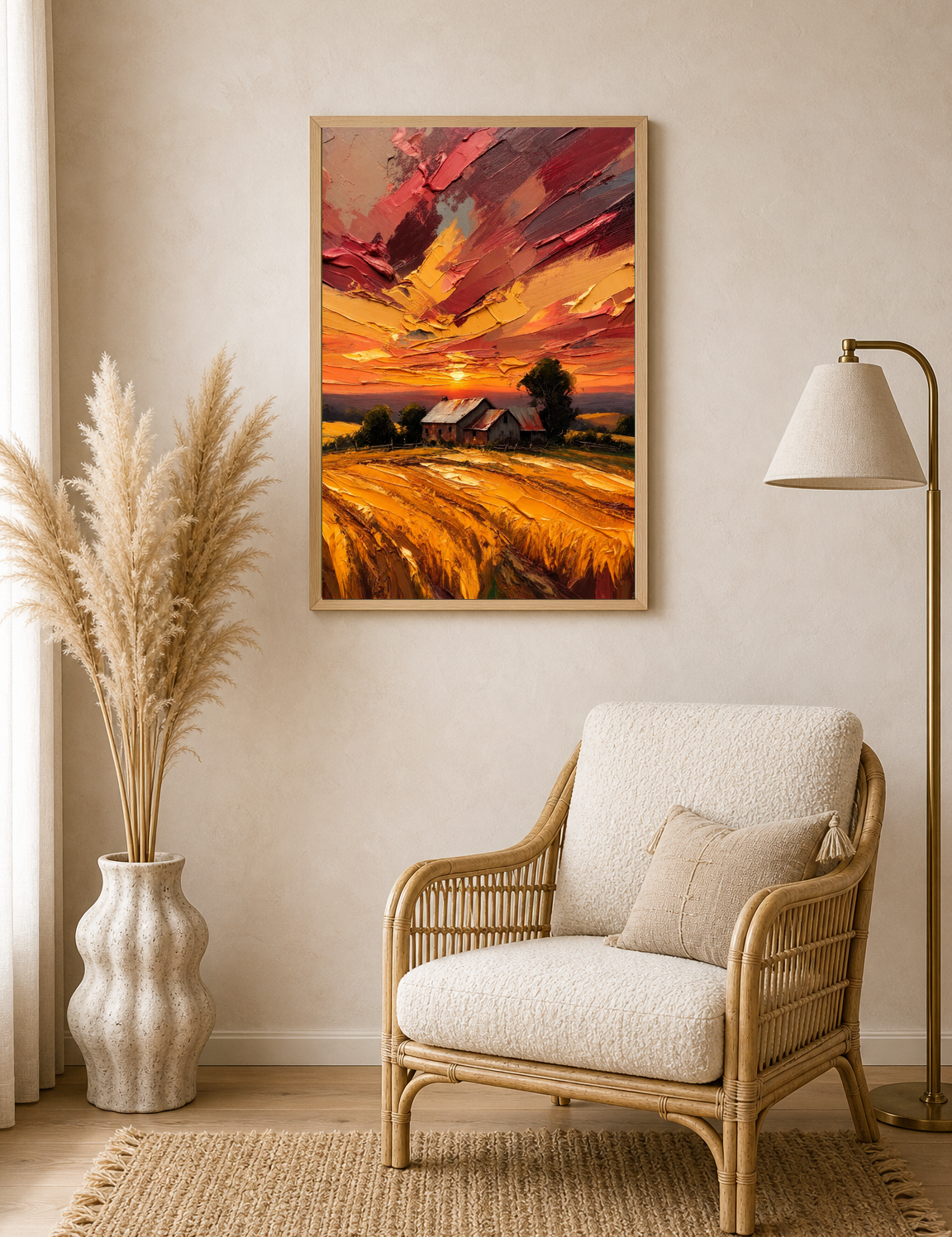 Golden Sunset Farm Landscape Wall Art Print - wood framed poster