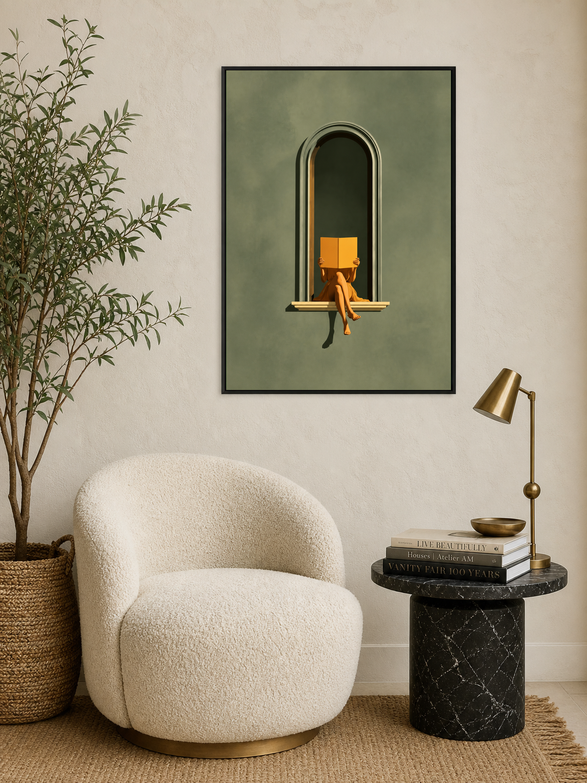 Minimalist Woman Reading in Arch Wall Art Print - black framed