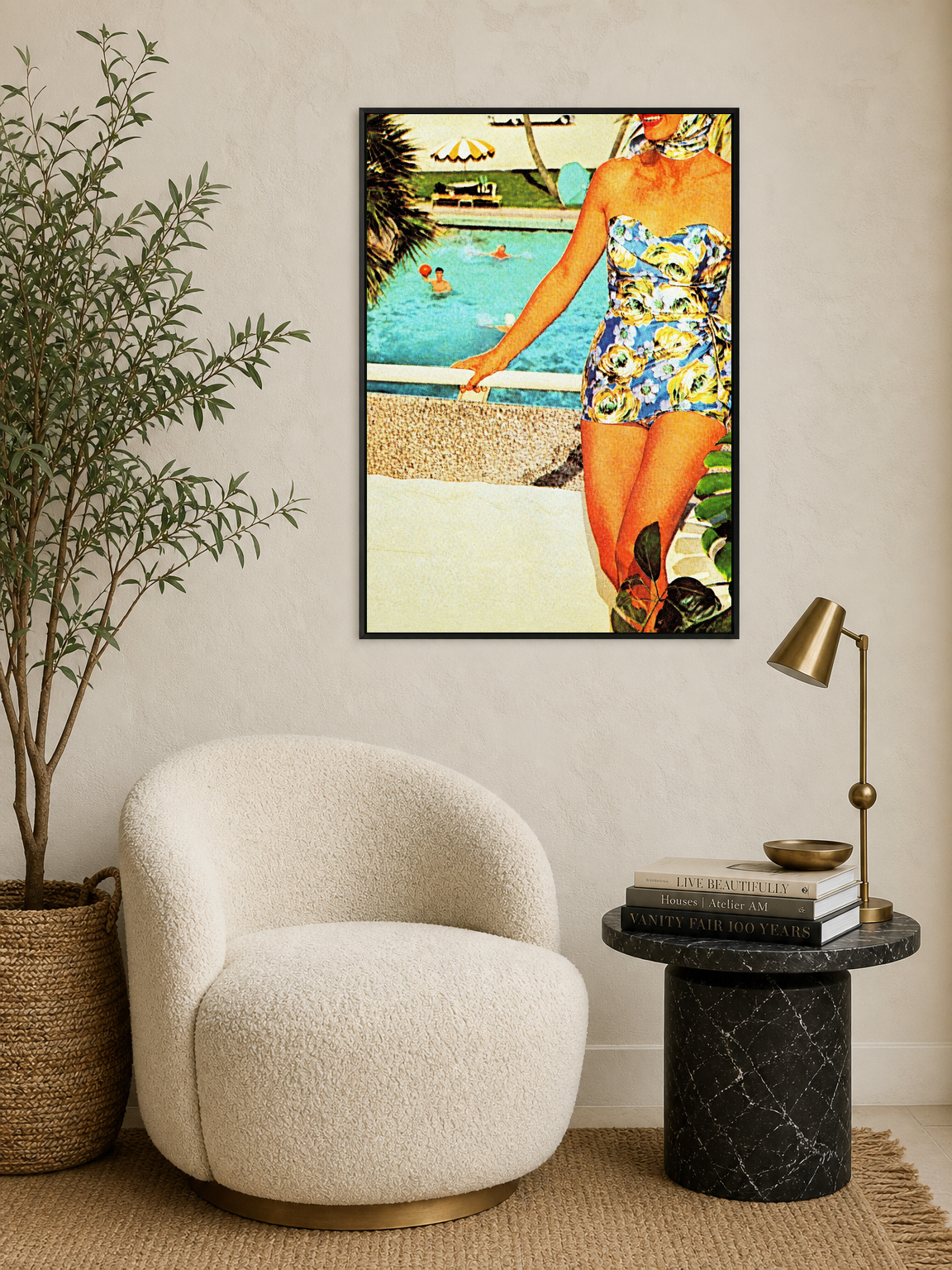 Retro Poolside Lady Summer Wall Art Print - black framed