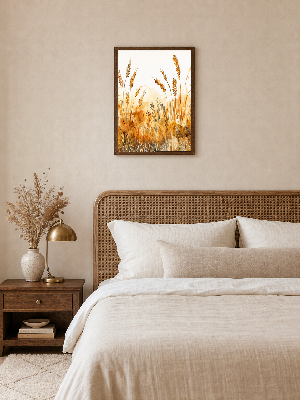 Golden Wheat Field Watercolor Wall Art Print - dark wood framed