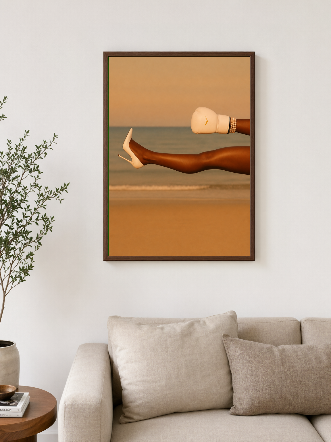 Minimalist Boxing Glove & Heel Wall Art Print - dark wood framed