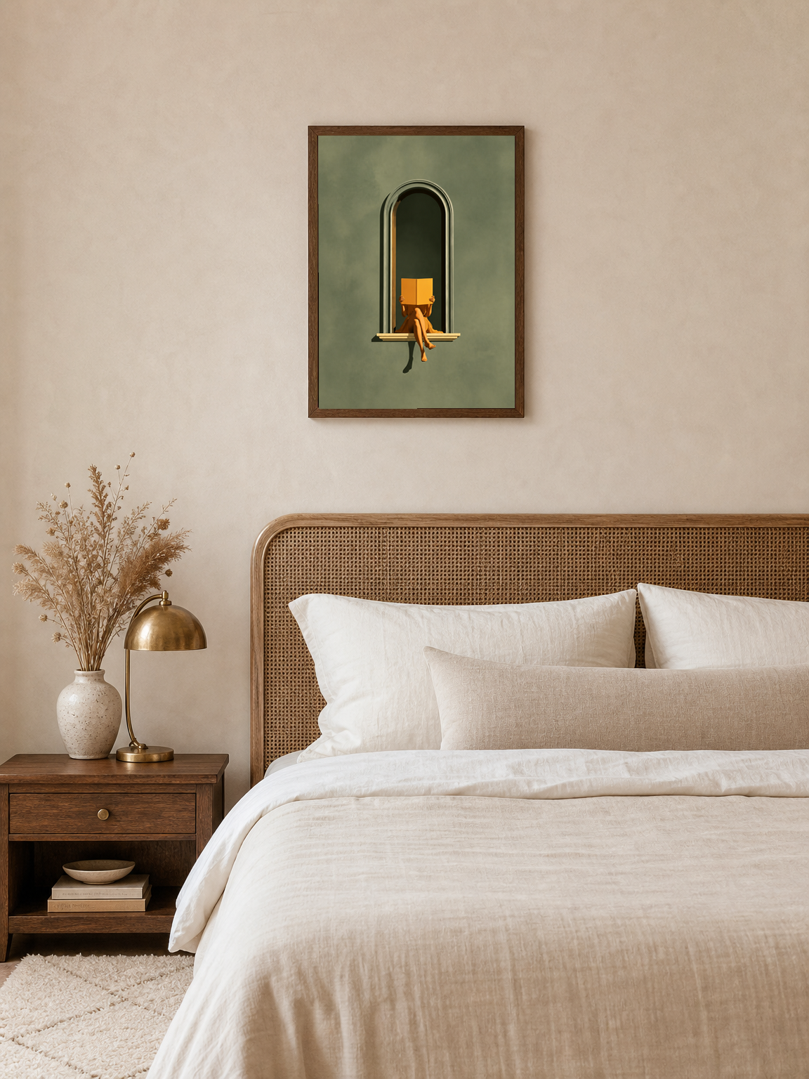 Minimalist Woman Reading in Arch Wall Art Print - dark wood framed