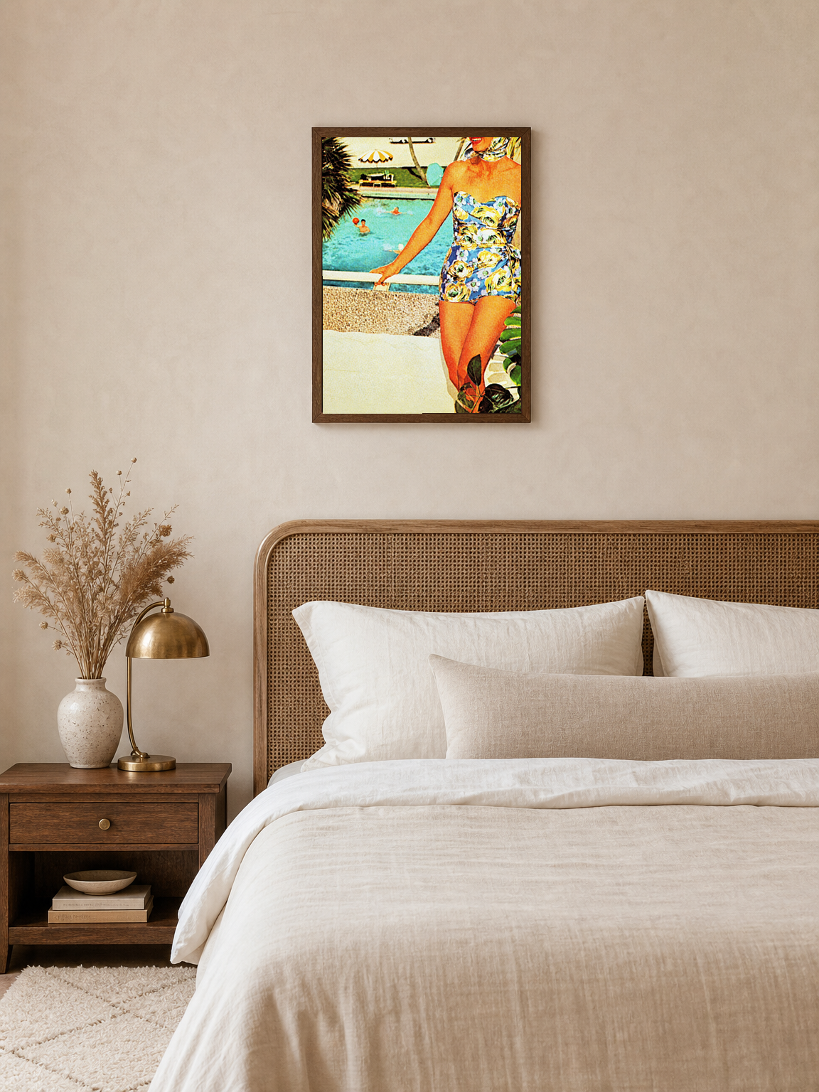 Retro Poolside Lady Summer Wall Art Print - dark wood framed