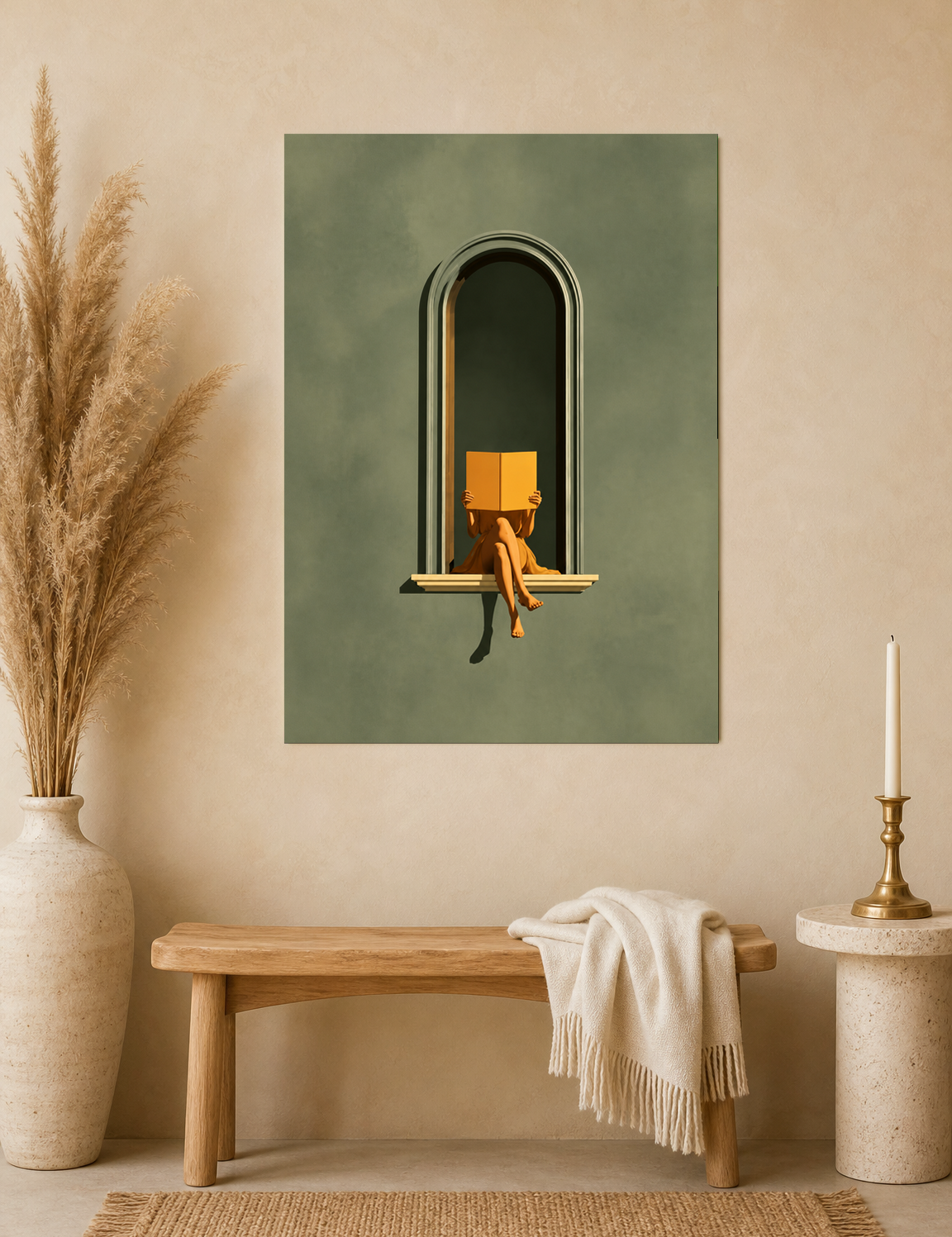 Minimalist Woman Reading in Arch Wall Art Print - unframed mockup