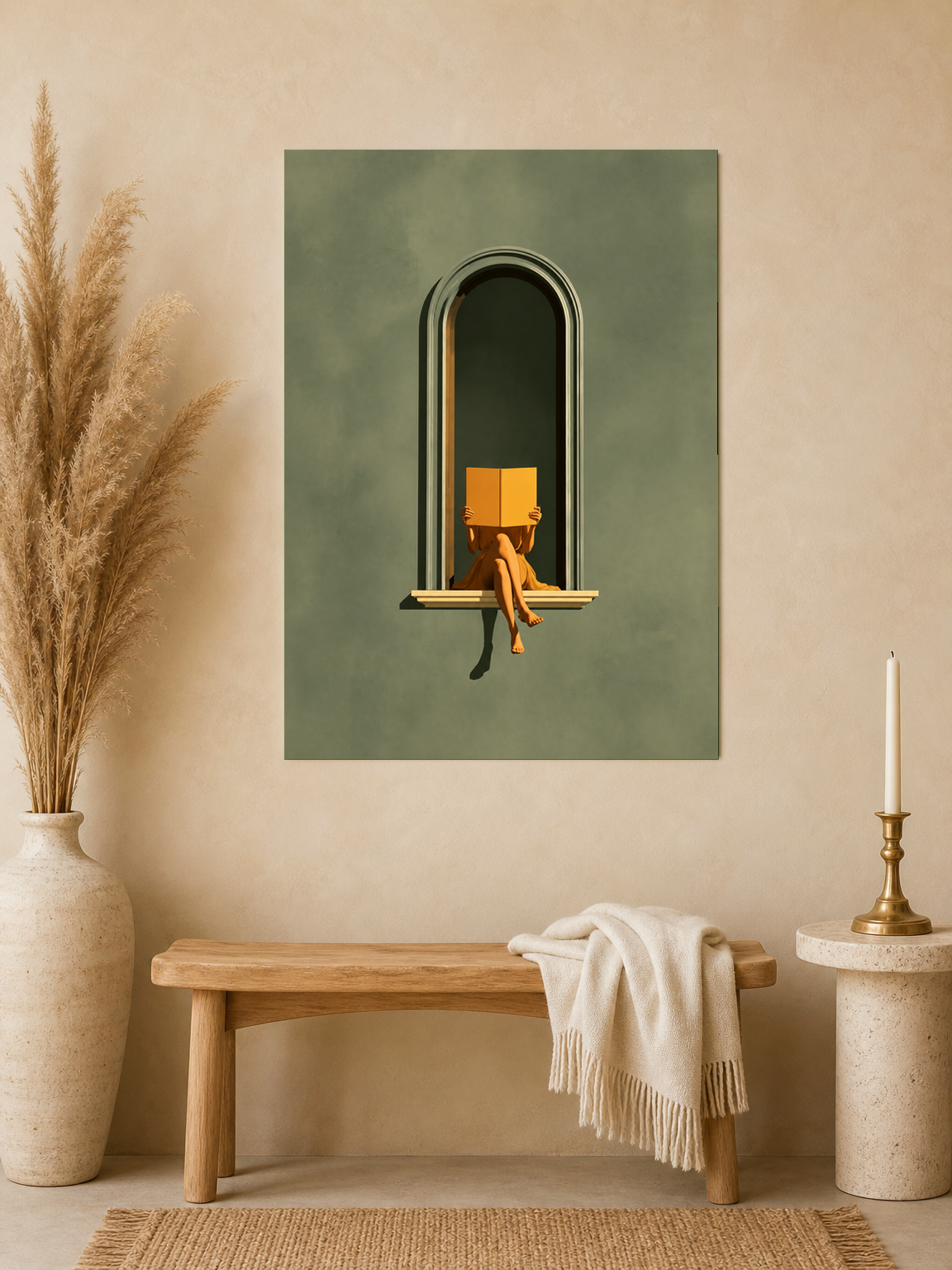 Minimalist Woman Reading in Arch Wall Art Print - unframed mockup