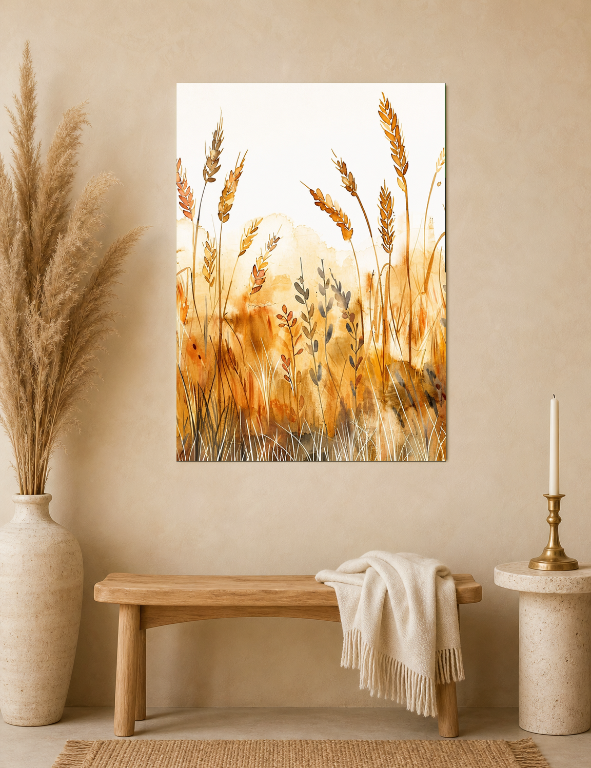Golden Wheat Field Watercolor Wall Art Print - unframed mockup