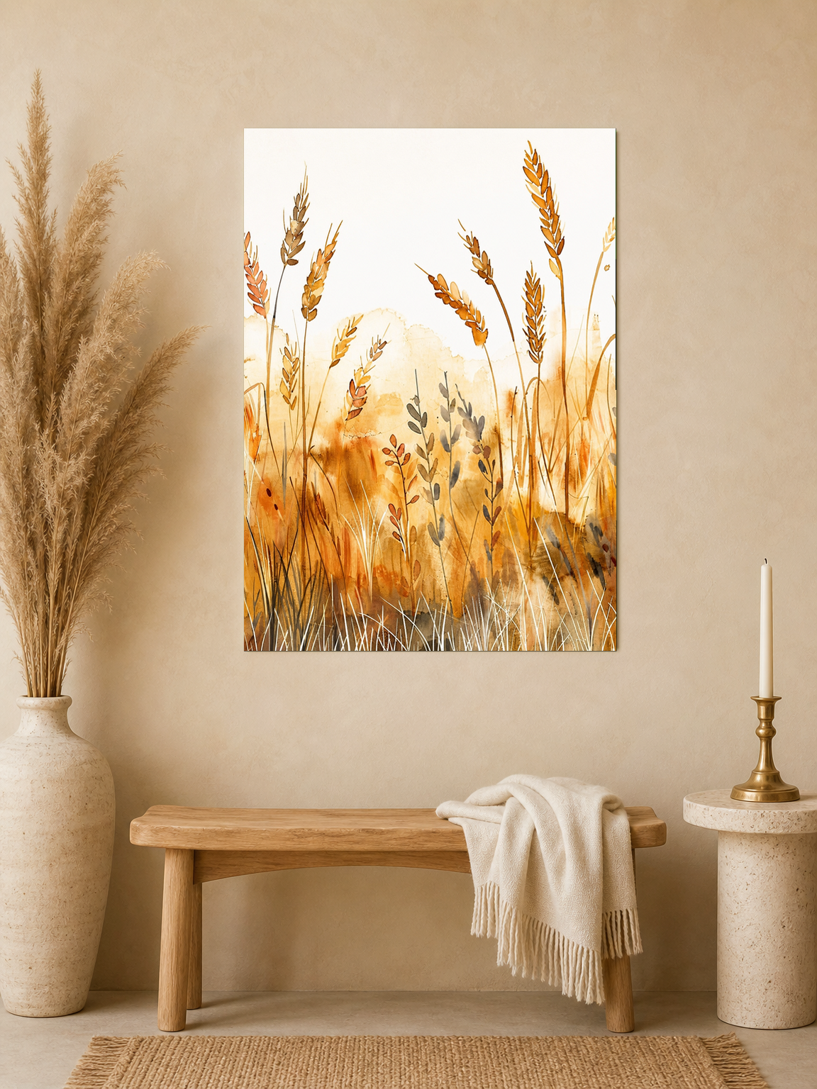 Golden Wheat Field Watercolor Wall Art Print - unframed mockup