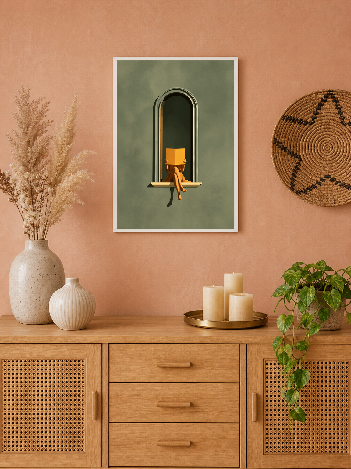 Minimalist Woman Reading in Arch Wall Art Print - white framed