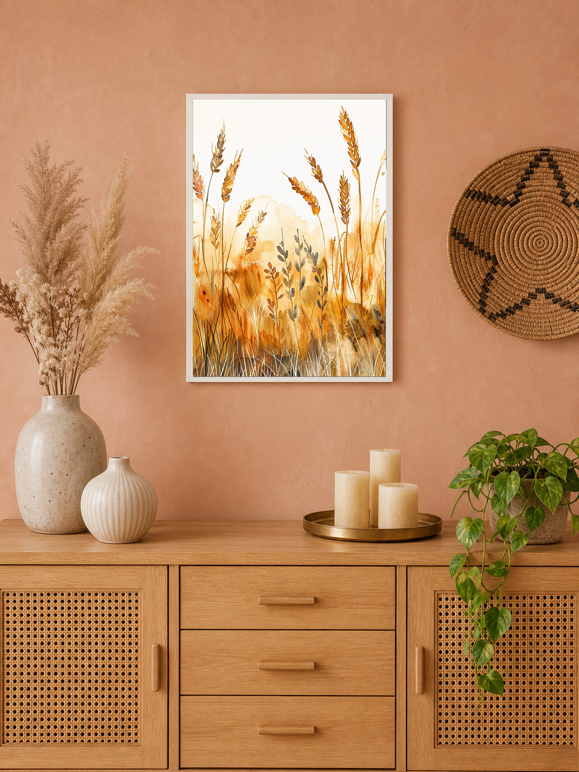 Golden Wheat Field Watercolor Wall Art Print - white framed