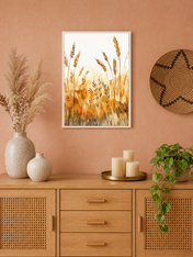 Golden Wheat Field Watercolor Wall Art Print - white framed