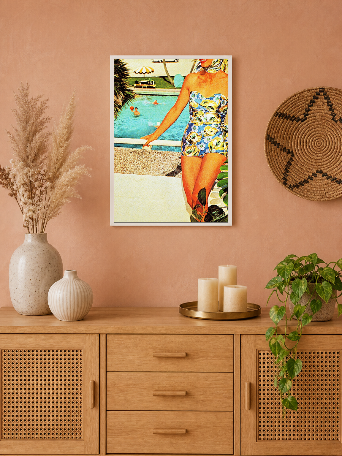 Retro Poolside Lady Summer Wall Art Print - white framed