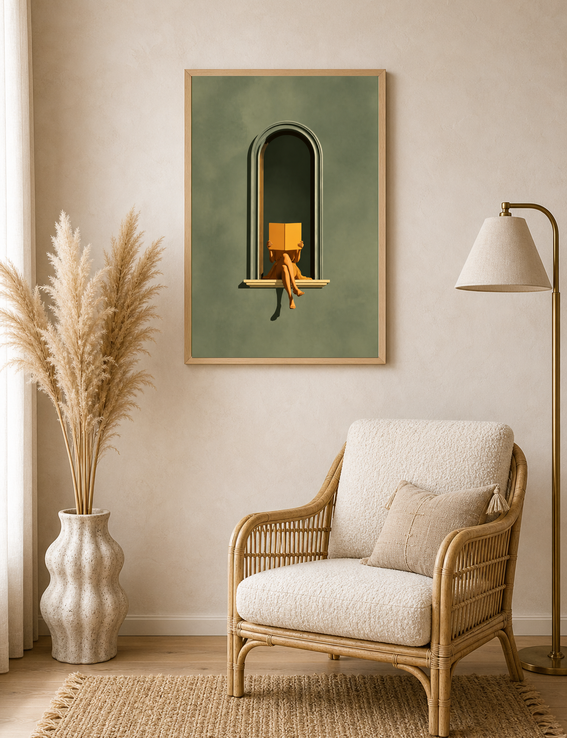Minimalist Woman Reading in Arch Wall Art Print - wood framed poster