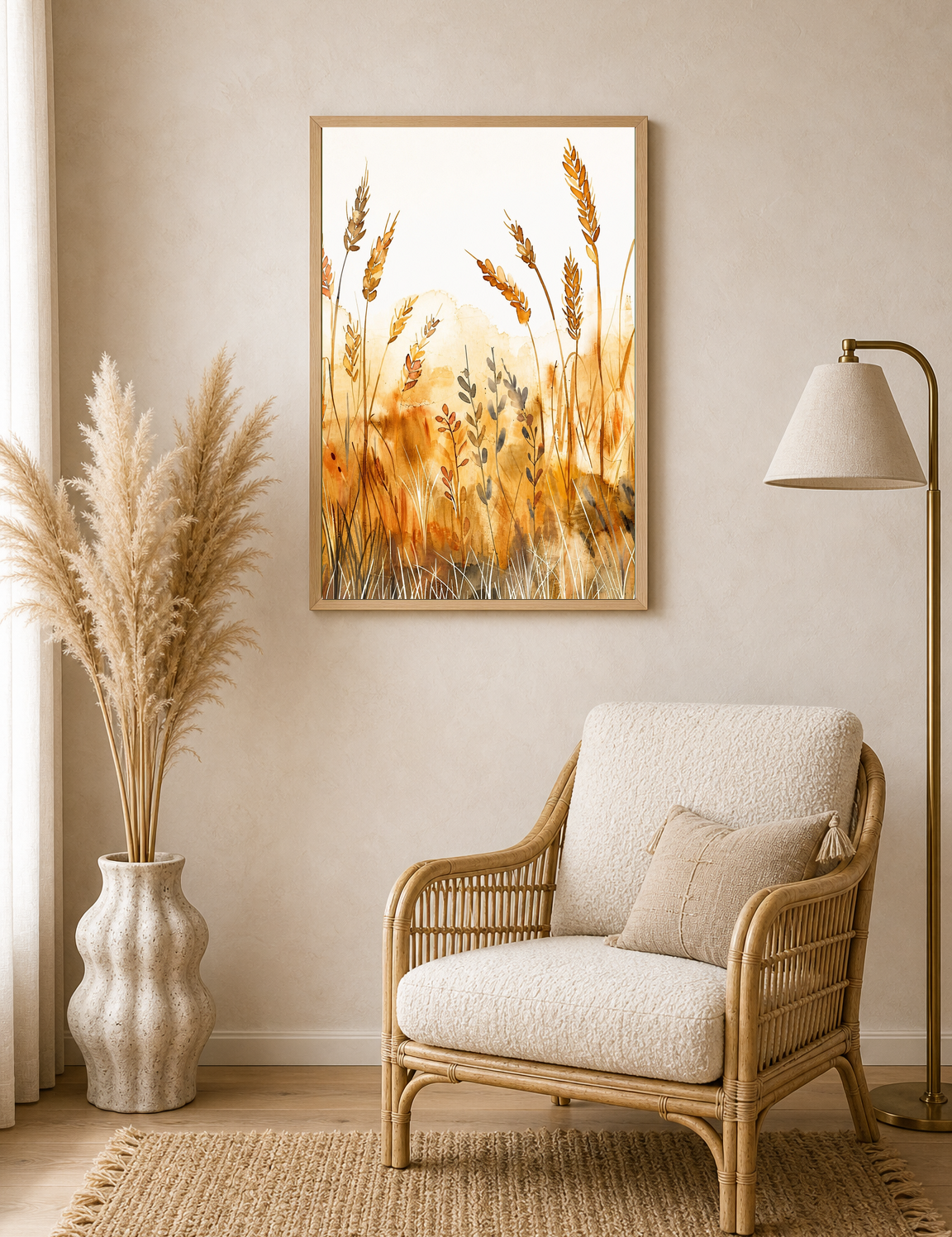 Golden Wheat Field Watercolor Wall Art Print - wood framed poster