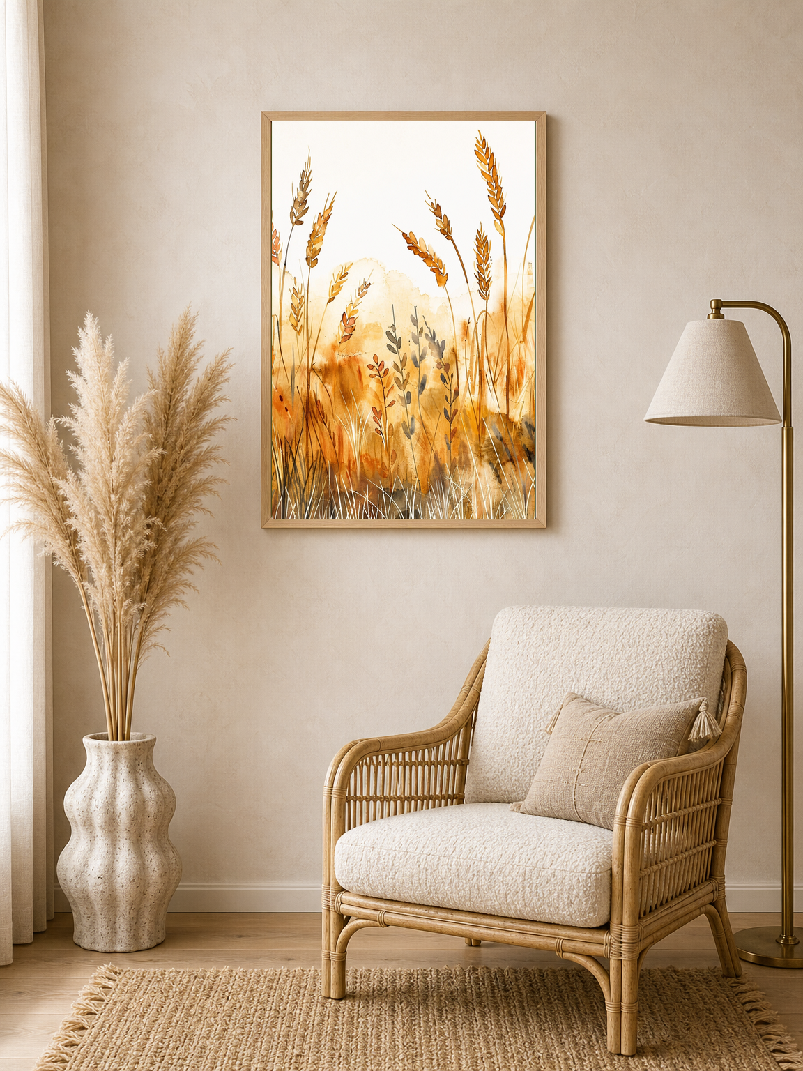 Golden Wheat Field Watercolor Wall Art Print - wood framed poster