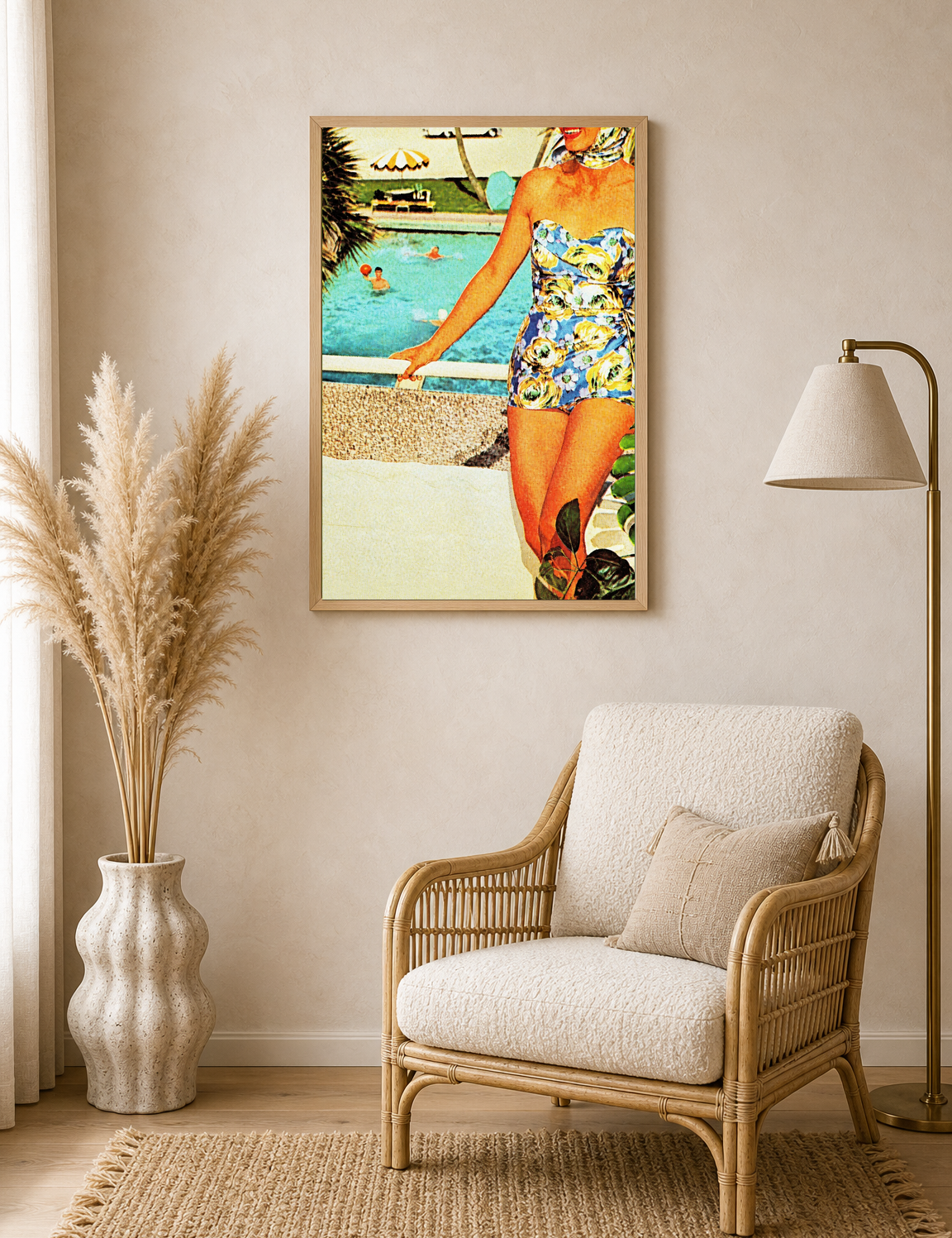 Retro Poolside Lady Summer Wall Art Print - wood framed poster