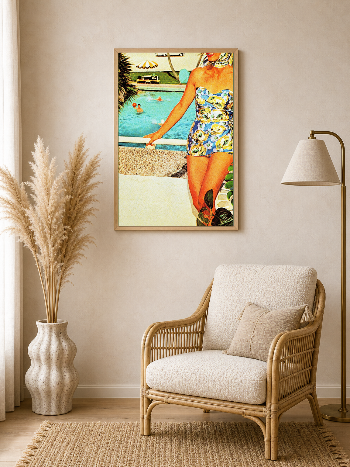 Retro Poolside Lady Summer Wall Art Print - wood framed poster