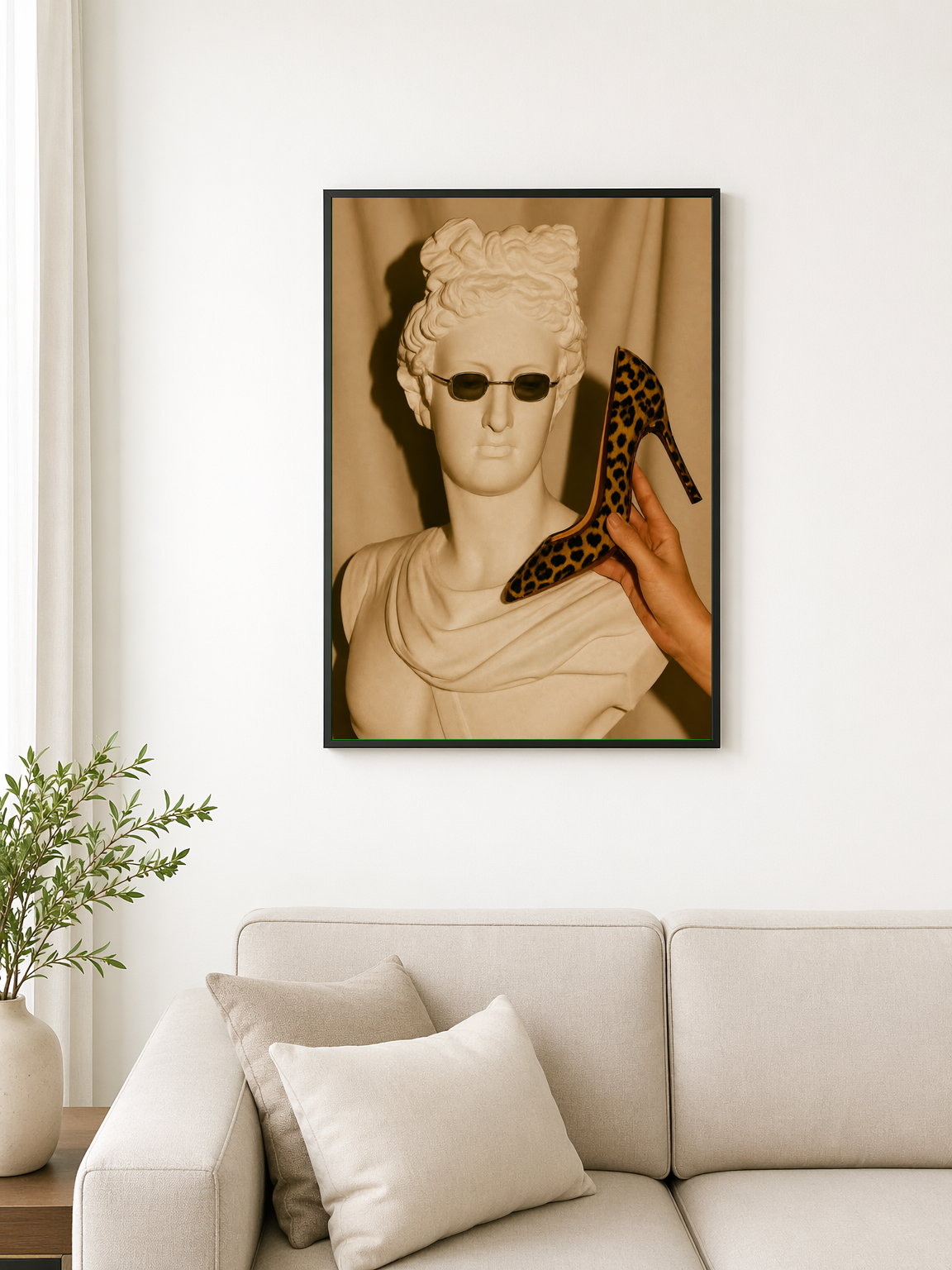 Leopard Heel & Classical Bust Wall Art Print - black framed