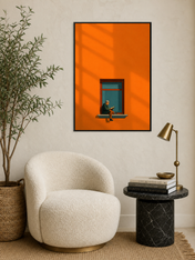 Minimalist Man Reading Window Wall Art Print - black framed