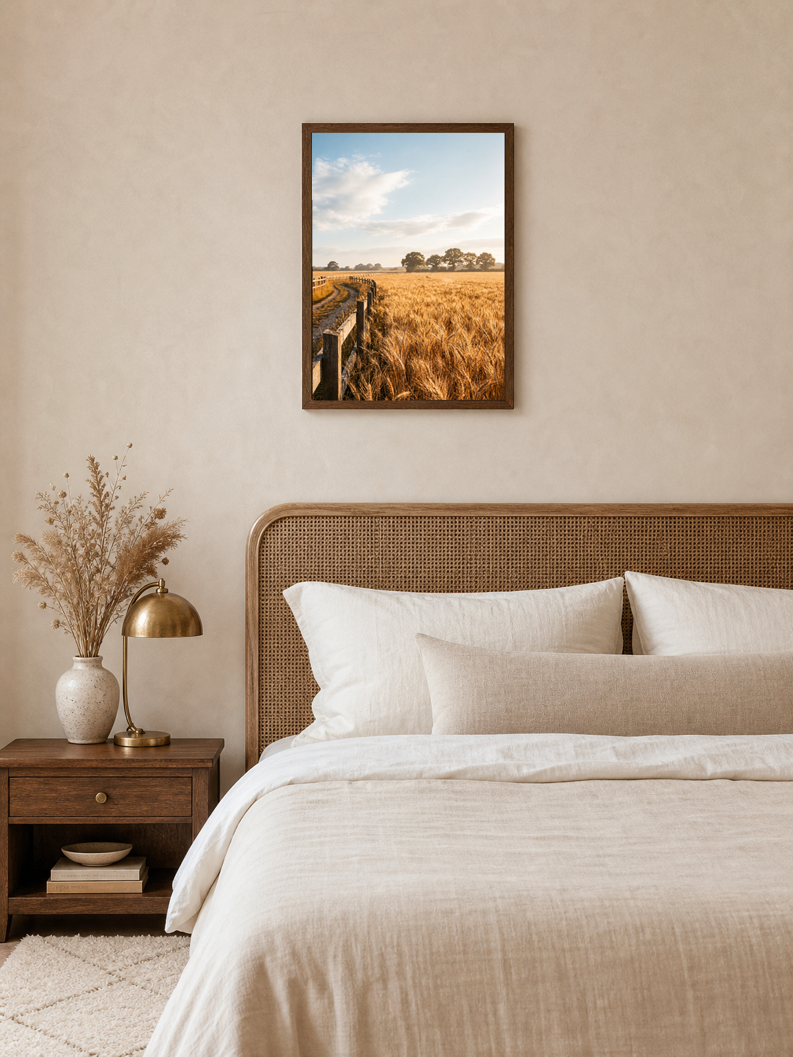Golden Wheat Field Landscape Wall Art Print - dark wood framed