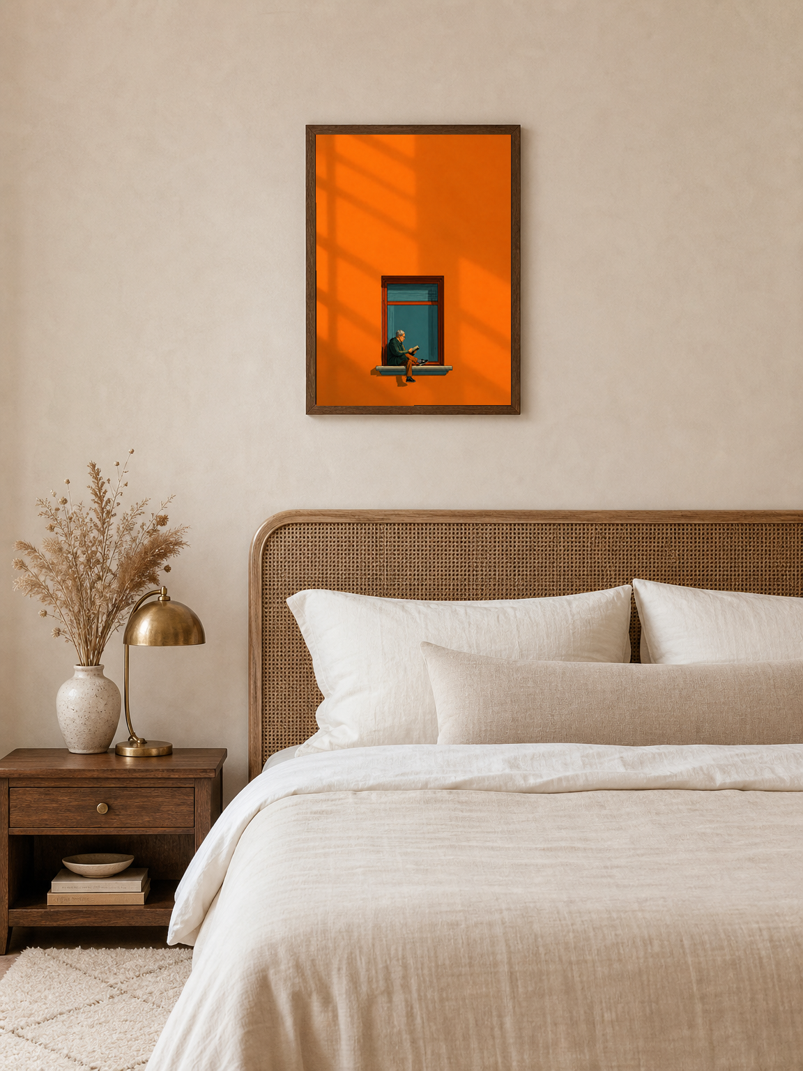 Minimalist Man Reading Window Wall Art Print - dark wood framed