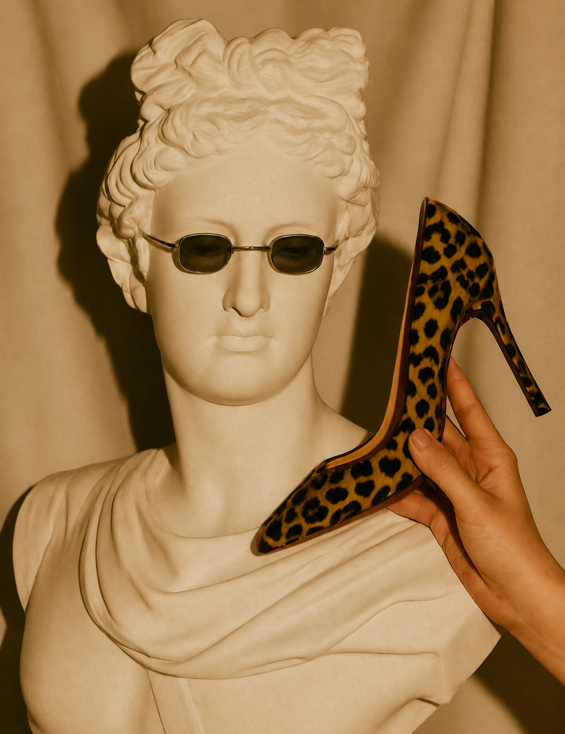 Leopard Heel & Classical Bust Wall Art Print - unframed